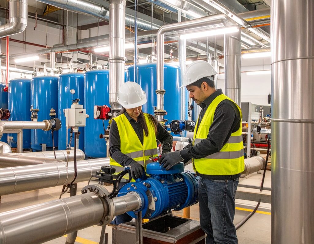 Two engineers performing HVAC plant room maintenance, inspecting a blue pump among stainless steel pipes and blue tanks in a brightly lit industrial facility.