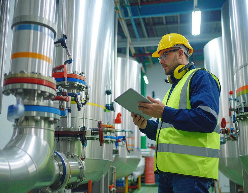 Engineer inspecting commercial heating system with stainless steel pipework.