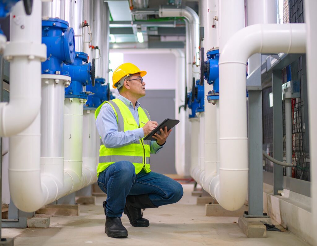 Engineer inspecting commercial pipework system with a tablet in a mechanical room.