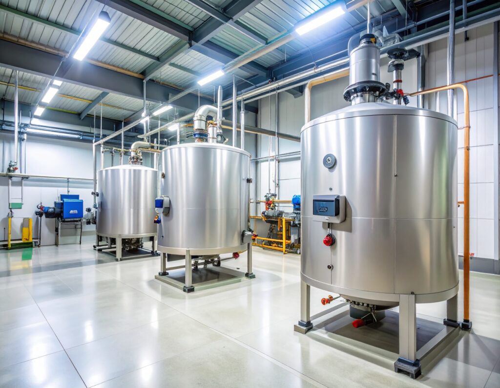 Stainless steel commercial boiler units installed in a modern industrial facility