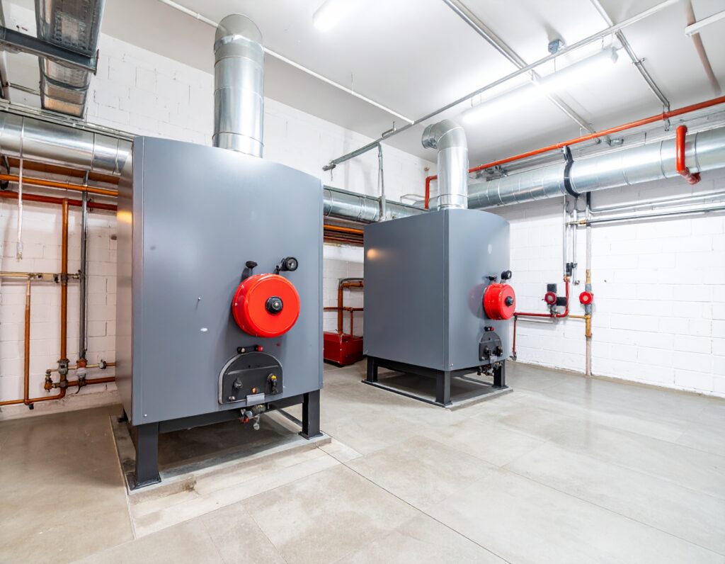 Traditional heating systems in UK commercial buildings with twin gas boilers and red burners.