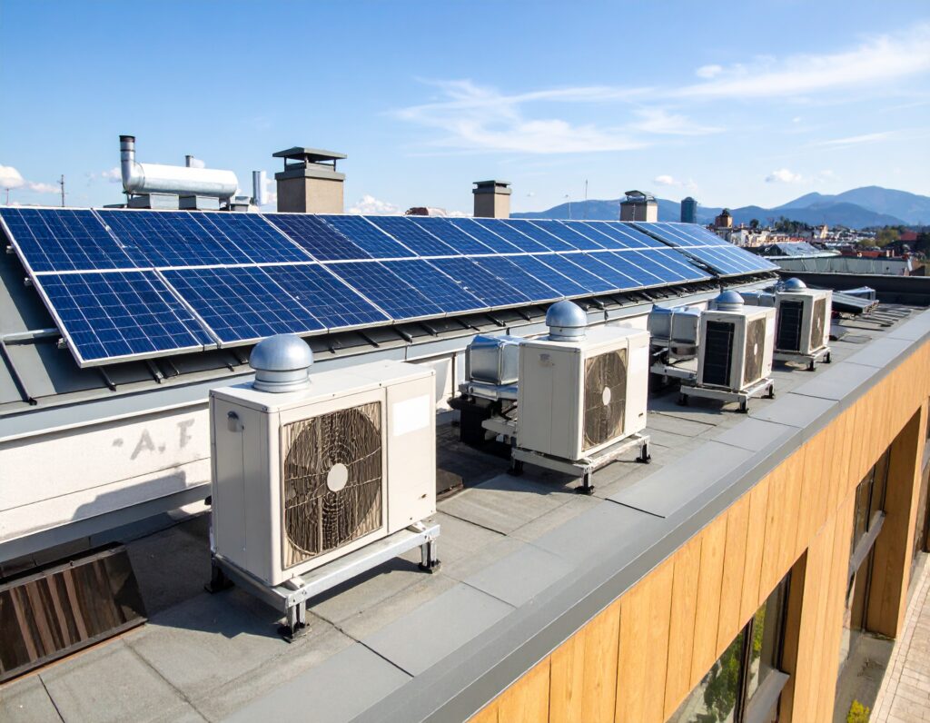 Sustainable heating options with rooftop solar panels and HVAC units on a commercial building.