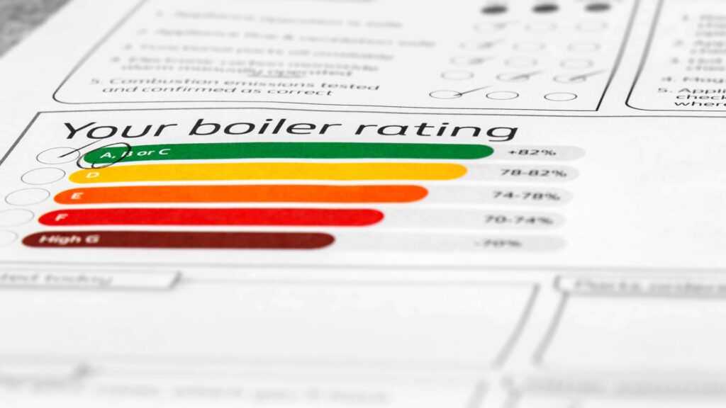 Gas safety certificate costs shown with boiler efficiency rating chart.
