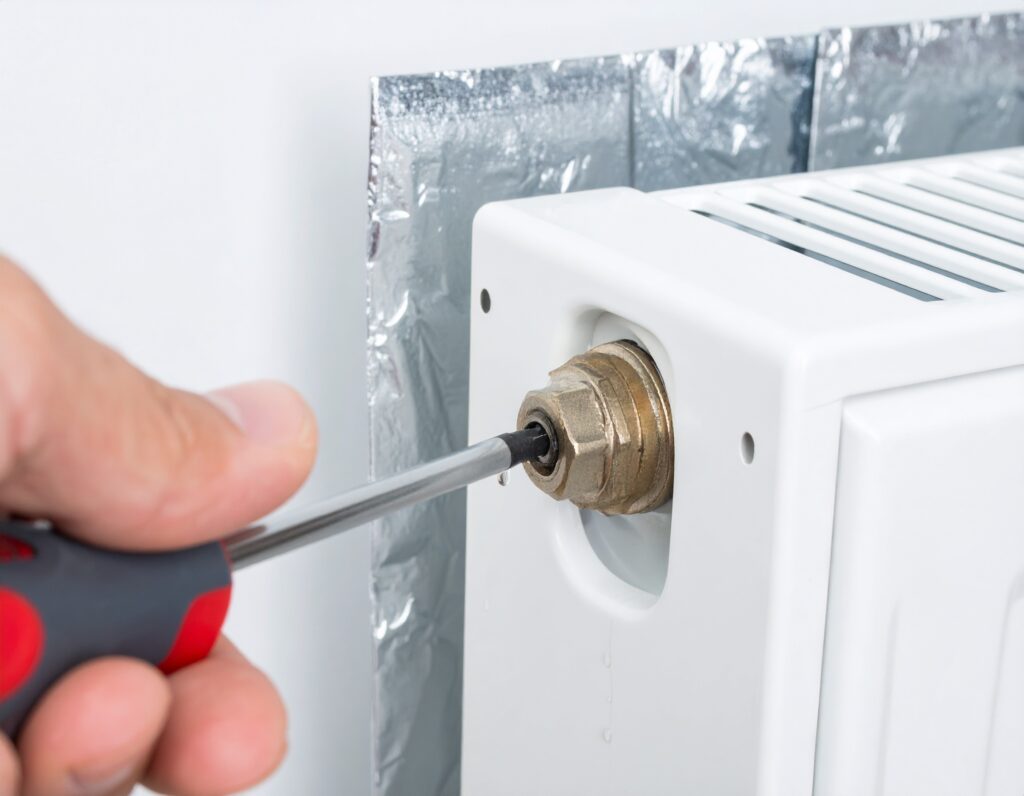 Close-up of a person using a screwdriver to bleed a radiator, demonstrating how to release trapped air for better heating efficiency.
