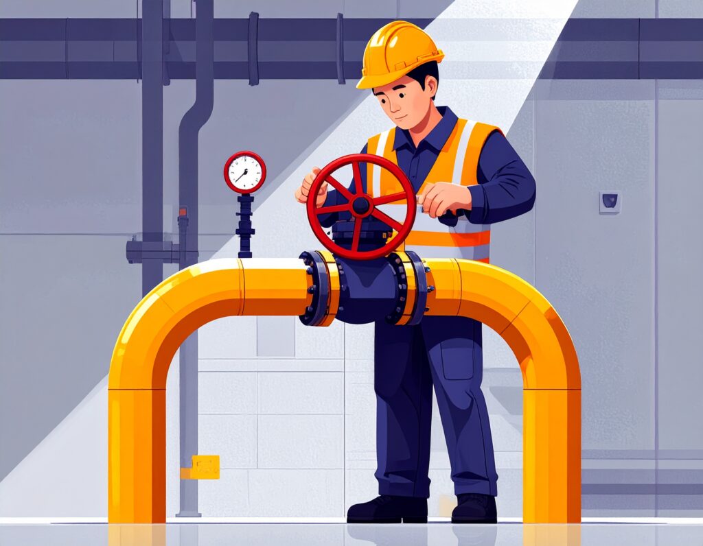 Illustration of a worker in safety gear inspecting a large industrial gas pipeline with a pressure gauge, symbolizing compliance with F-Gas regulations.