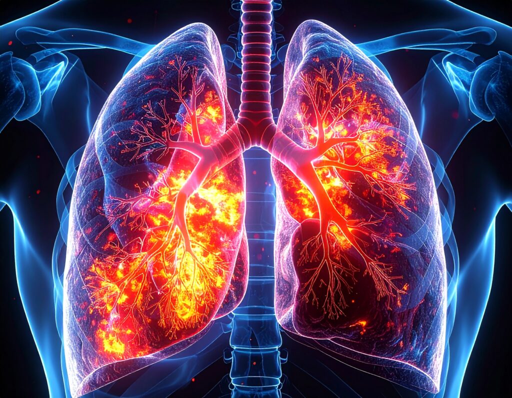 Medical illustration showing inflamed lungs with highlighted airways, visualising the health dangers of asbestos exposure and its impact on the respiratory system.