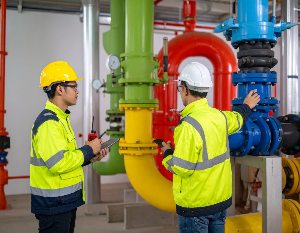 Two engineers inspecting colourful commercial plumbing systems with large pipes and valves.