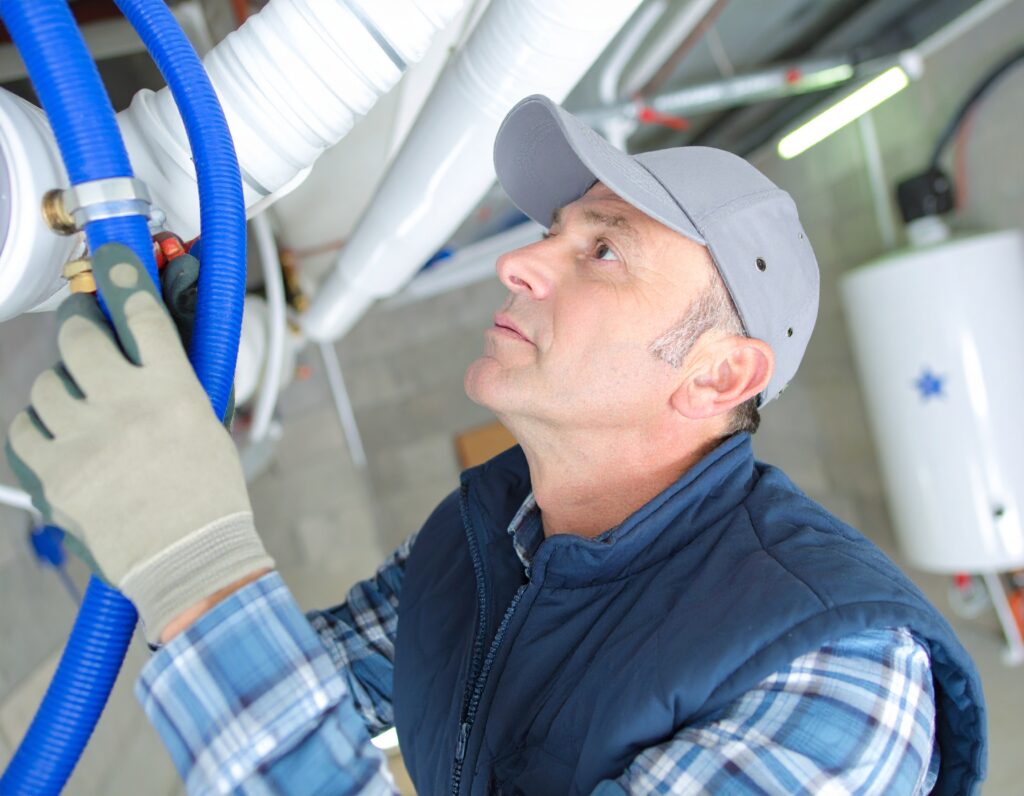 Technician performing commercial plumbing work with HVAC integration, inspecting insulated blue piping in a mechanical room.
