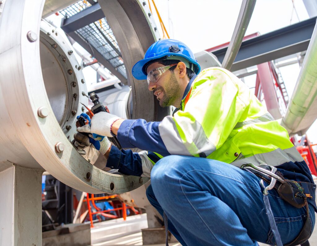 Commercial gas purging maintenance being carried out by an industrial worker in safety gear on a large pipeline system.
