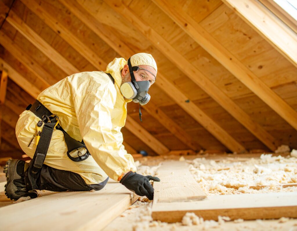 Worker in a yellow hazmat suit and respirator inspects attic insulation while documenting potential asbestos exposure, relevant for reporting asbestos breaches under RIDDOR.