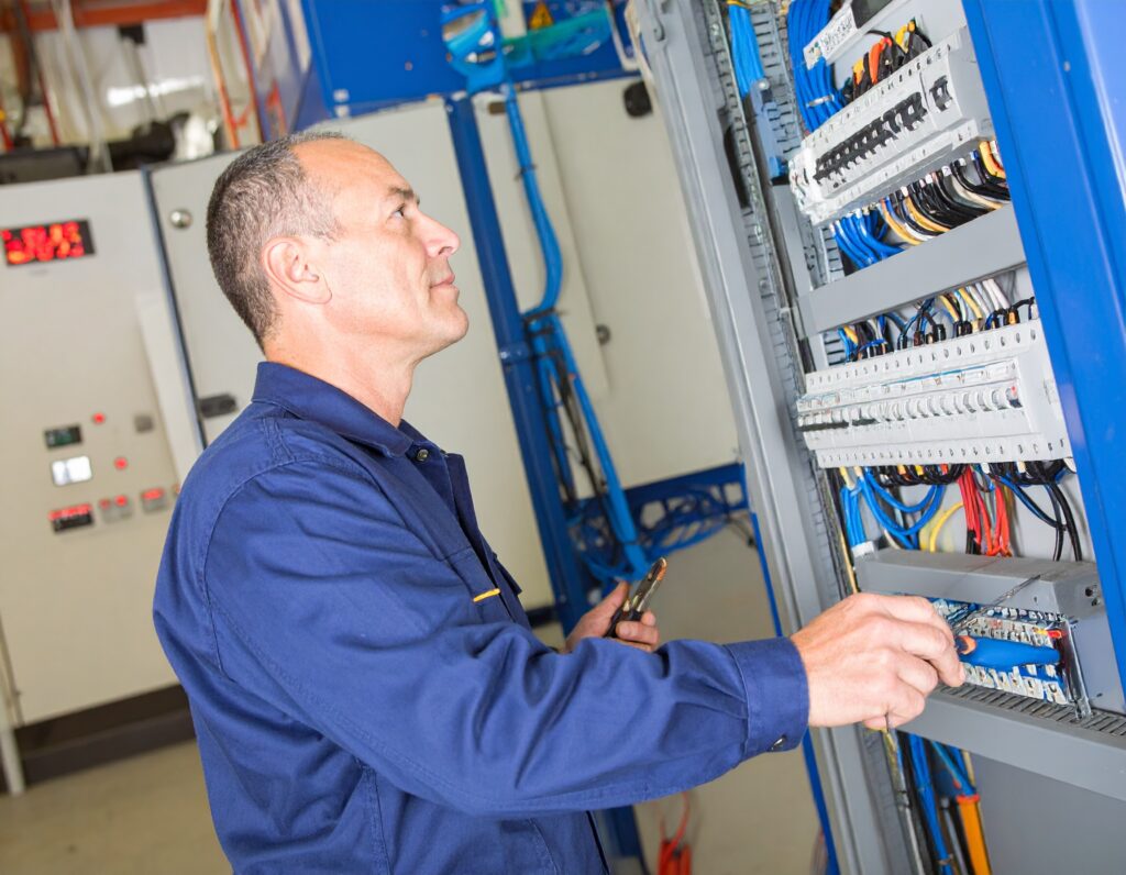 Technician performing BMS services installation, working on a control panel with circuit breakers and wiring in an industrial setting.