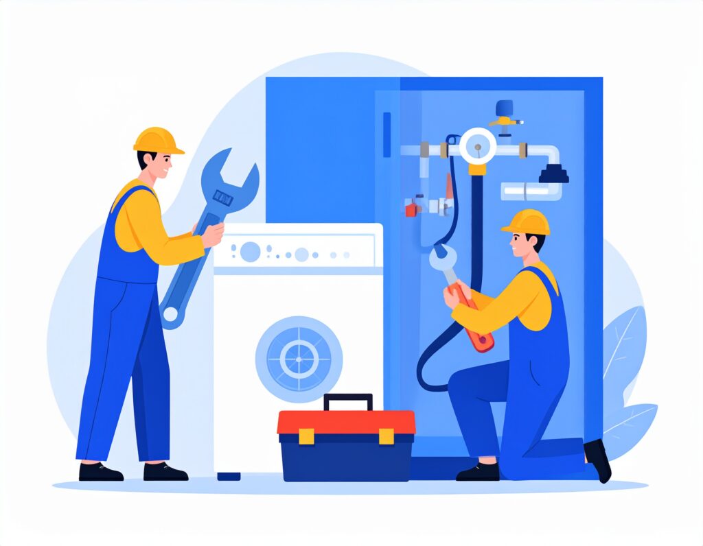 Two male technicians in hard hats and overalls working with tools on a heating or ventilation system, illustrating routine maintenance and inspection practices related to HSE Asbestos Compliance.