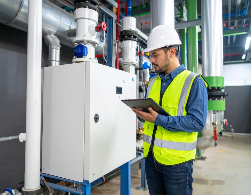 Technician in safety gear inspecting a control panel during commercial boiler pump installation in an industrial facility.