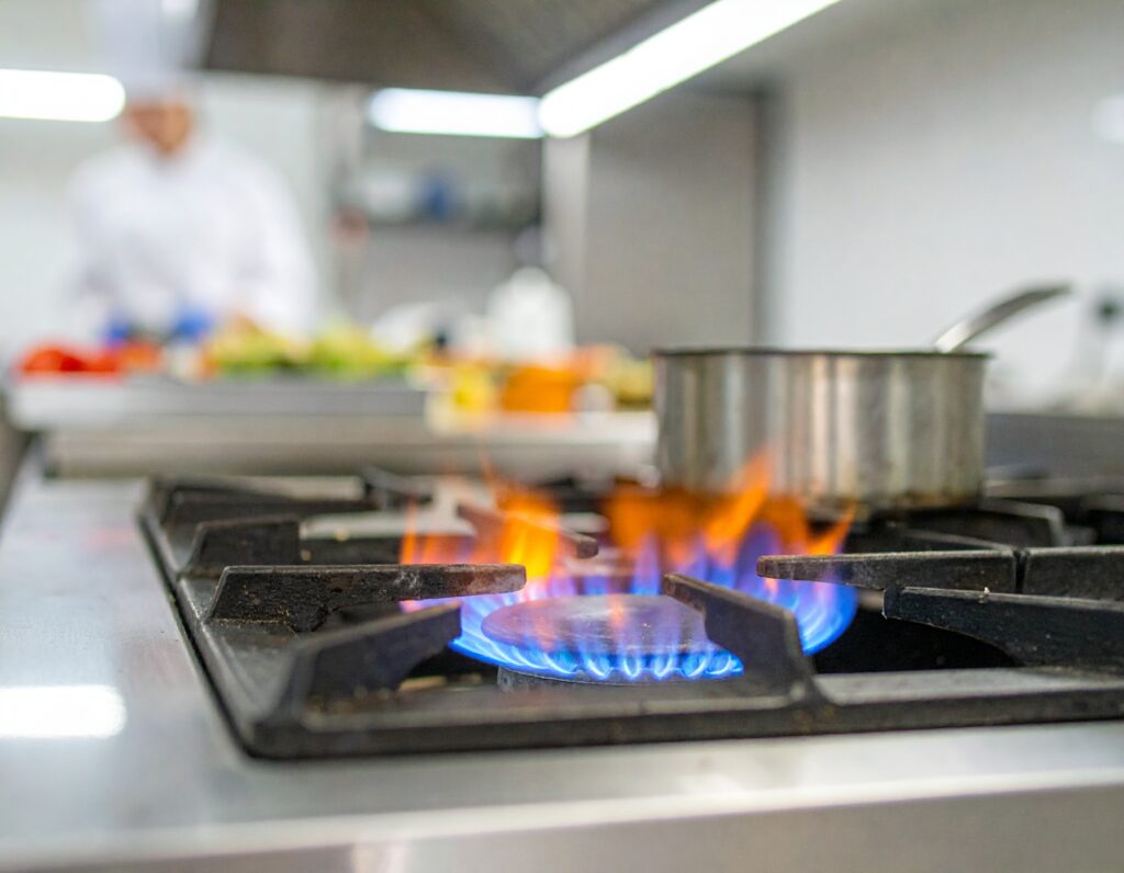 Commercial kitchen gas stove with blue flames lit under pots, highlighting CP42 Gas Safety Repairs and Renewals.