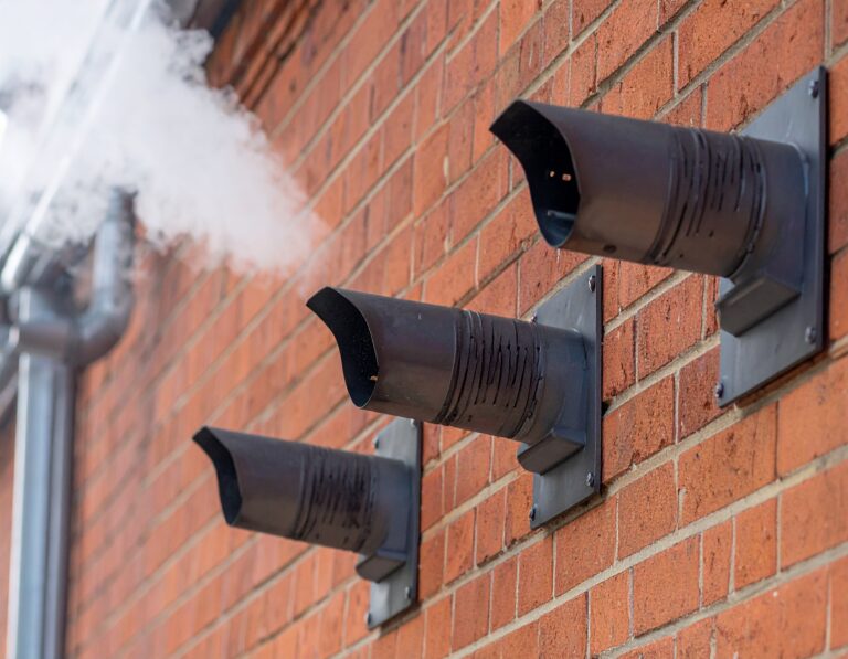 Steam emitting from wall-mounted boiler flue pipes on a red brick building.