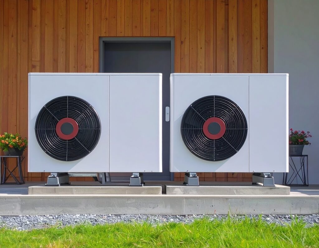 Two modern outdoor air source units installed beside a house, representing the surge in heat pumps adoption.