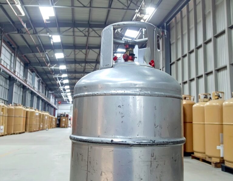 Large propane cylinder in an industrial warehouse with storage tanks in the background.