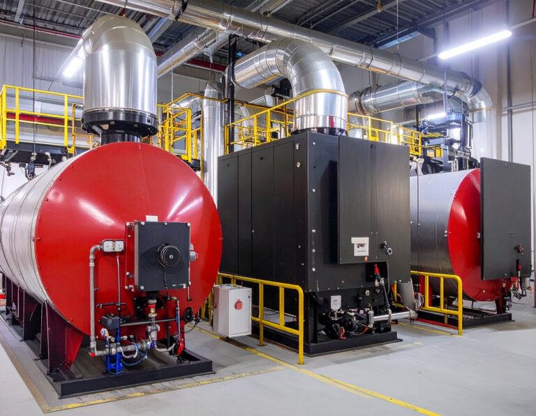 Large industrial heating systems in a plant facility representing the commercial boiler market.