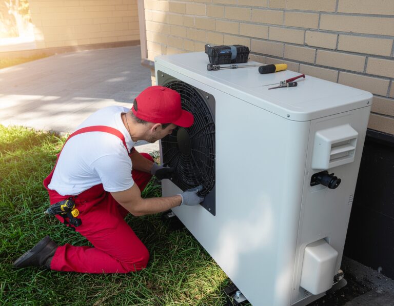 Technician servicing a modern outdoor heat pump grants, representing heat pumps grants and energy-efficient installations.