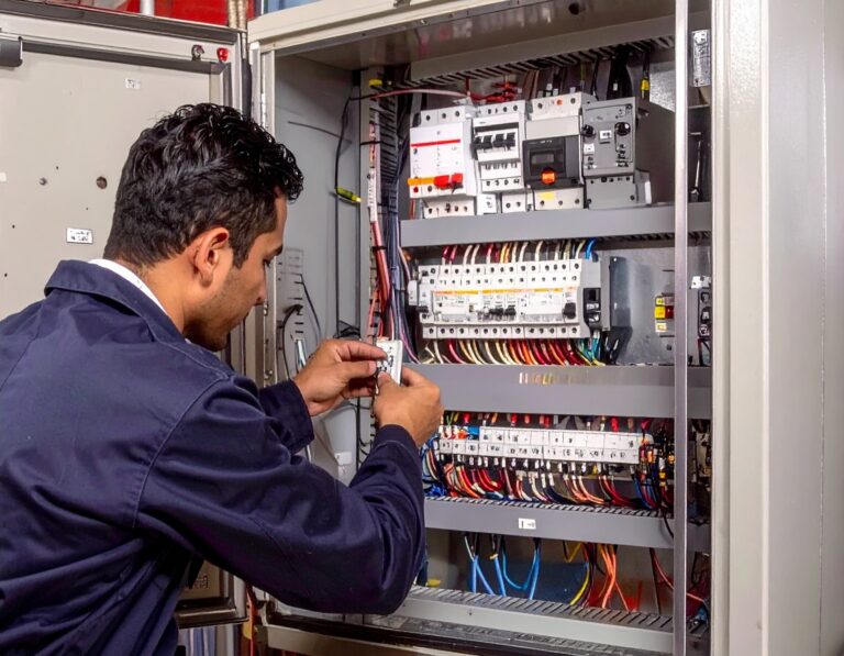 Smart BMS solutions technician configuring an industrial electrical control panel.