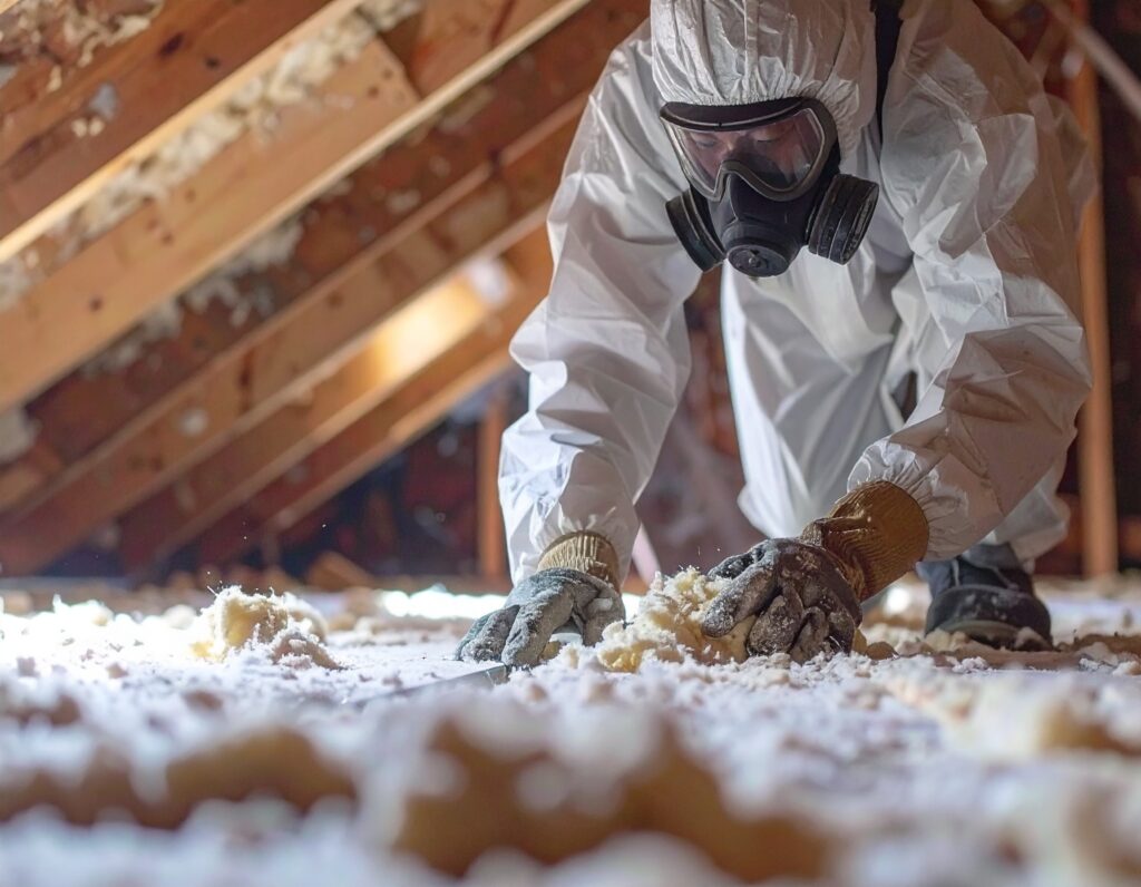 Worker in protective gear handling insulation in an attic, illustrating asbestos compliance and safety measures.