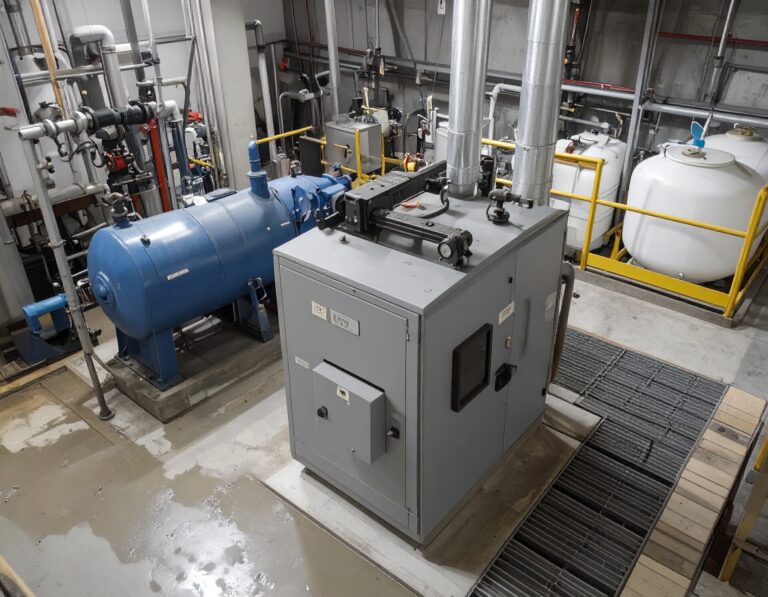 Industrial laundry boiler installation with pipes, tanks, and heating equipment.