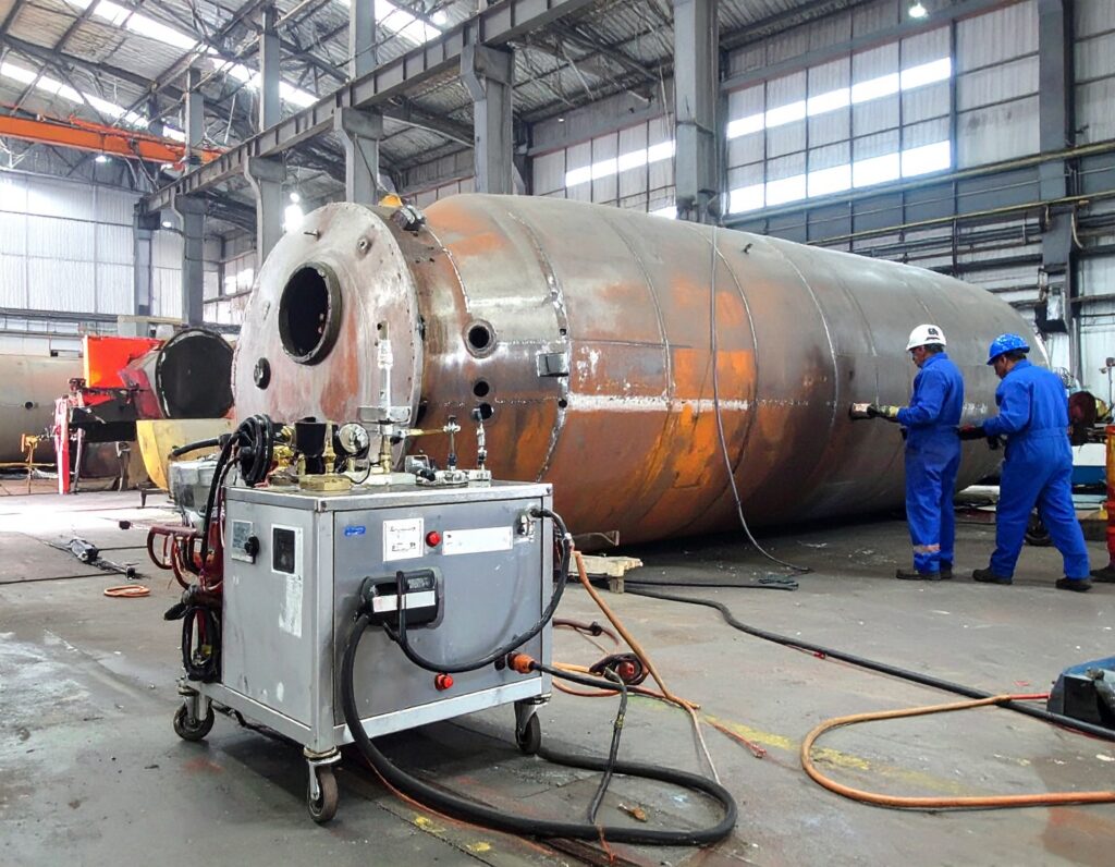 Routine pressure testing of large industrial pressure vessel with engineers in protective gear inside a fabrication workshop.