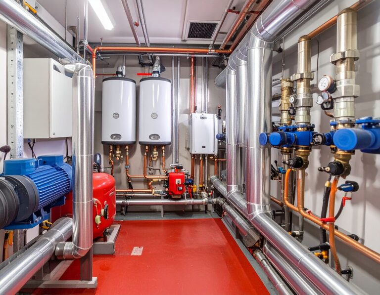 Modern boiler plant room with insulated pipes, pumps, and control systems used for central plant maintenance.
