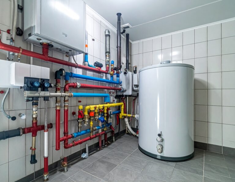 Modern residential boiler room with hot water tank and colorful insulated pipes for heating and plumbing systems.