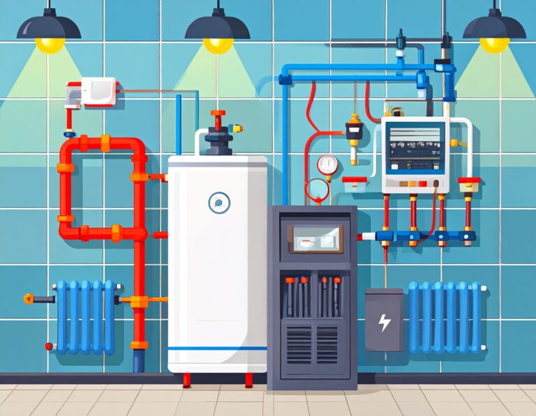 Illustration of the best heating system showing a modern boiler setup with radiators, pipes, gauges, and electrical controls in a tiled room.
