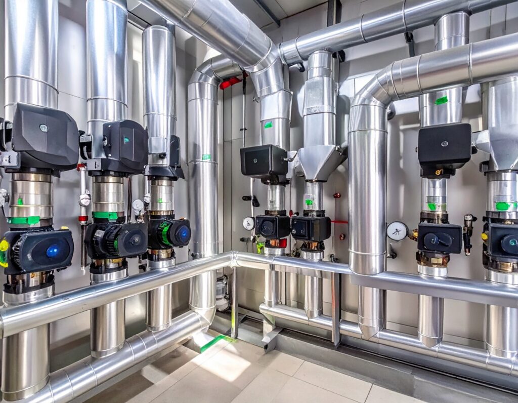 Modern commercial boiler room with stainless steel insulated pipes, pumps, and valves forming an advanced heating system installation.