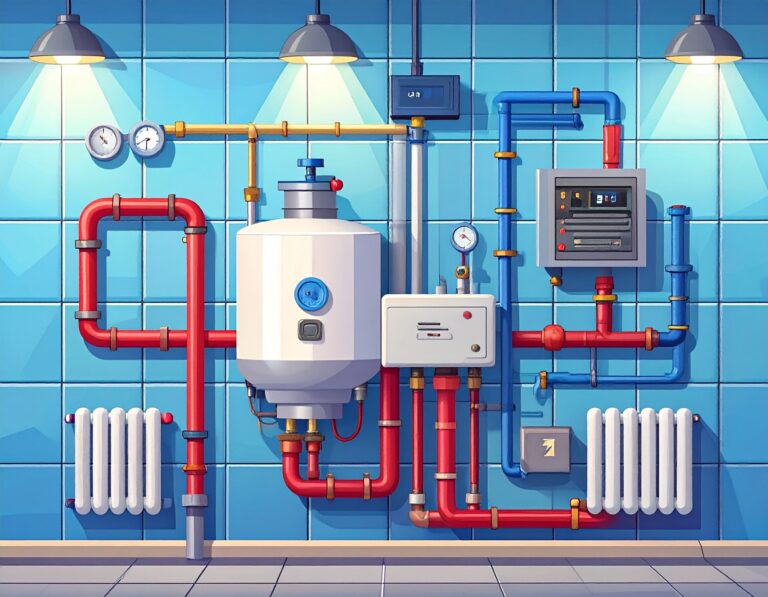 An illustrated water heating system showing water monitoring devices, pressure gauges, and connected red and blue pipes for hot and cold water regulation.