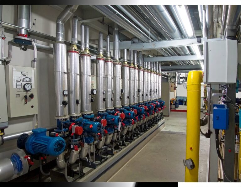 Heat Interface Unit repairs in a commercial plant room showing insulated vertical pipes, blue circulation pumps, pressure gauges, and control systems for efficient heating maintenance.
