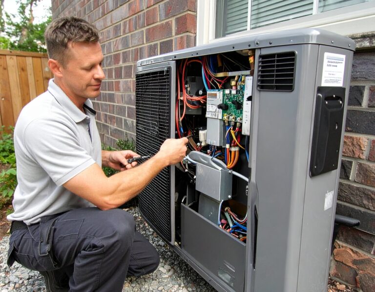 Technician performing air source heat pump installation beside a brick wall, connecting electrical wiring and components for efficient heating setup.