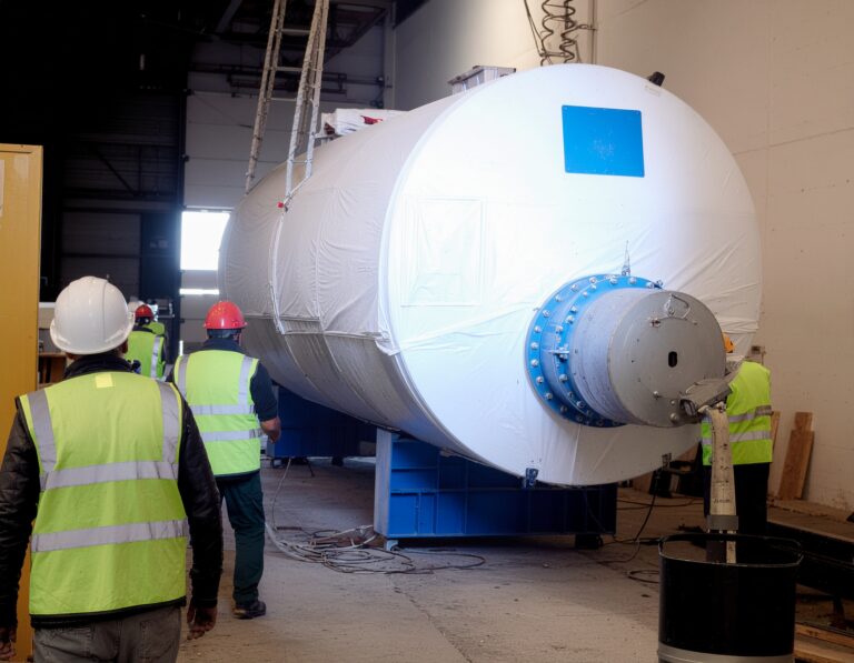 Engineers guiding a large industrial steam boiler during installation inside a facility, with workers in safety gear assisting the setup.