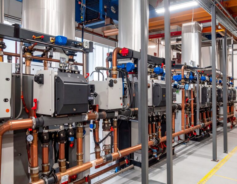 Modern mechanical room with multiple heat interface units connected by copper pipes and control valves, showcasing professional heat interface unit maintenance.