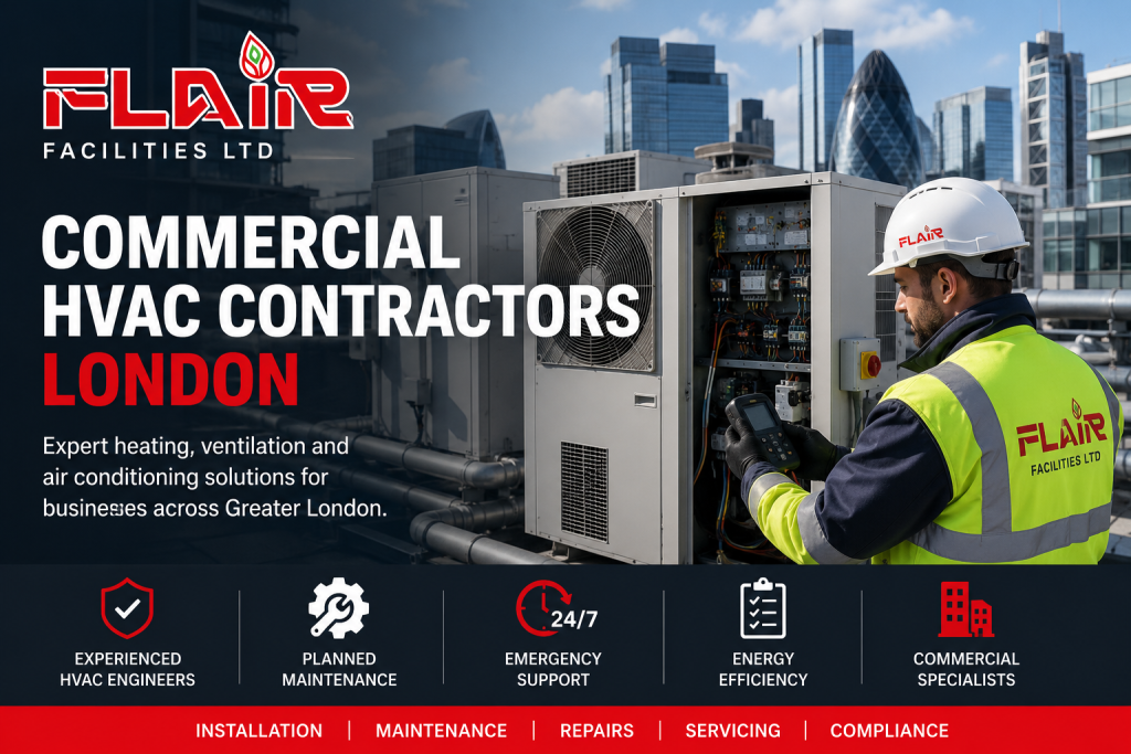 Commercial HVAC contractors servicing heating, ventilation, air conditioning, and plant room systems in a London commercial building.