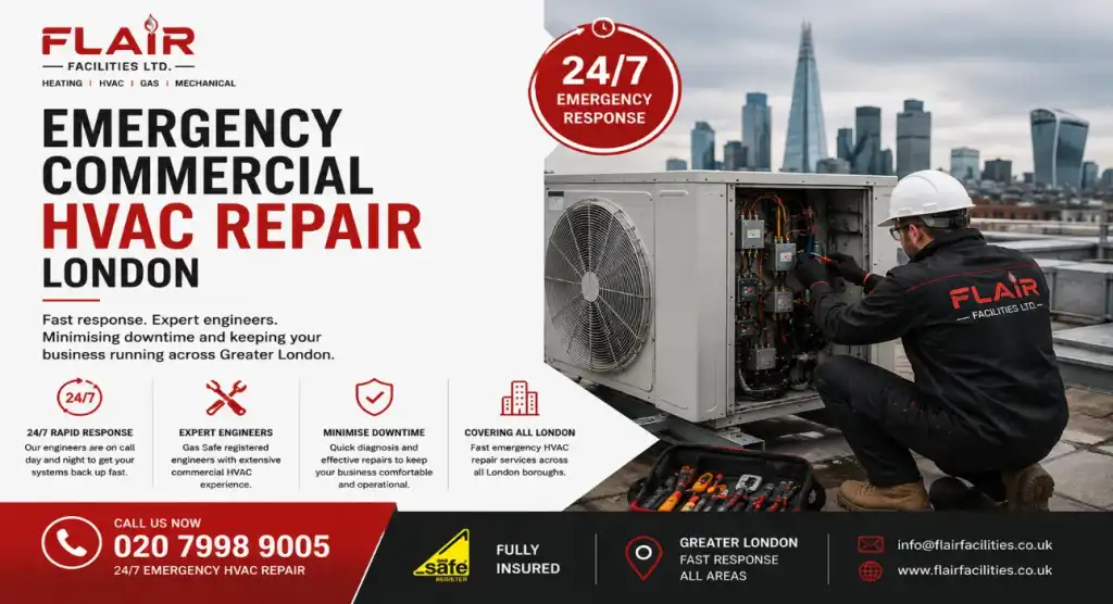 Commercial HVAC engineer carrying out an emergency repair on heating and air conditioning equipment inside a London commercial plant room.
Caption
